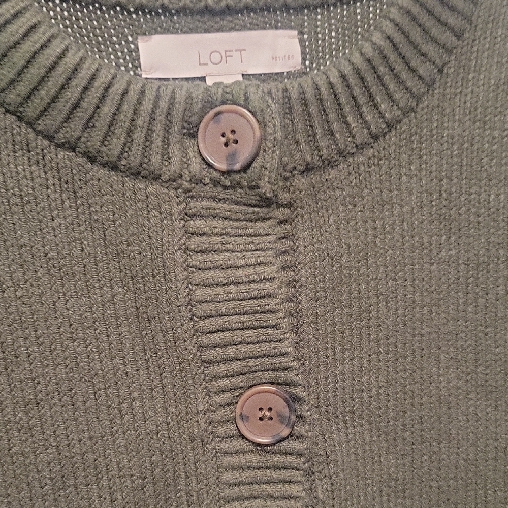 LOFT Olive Green Button-Front Crewneck Cardigan - Picture 4 of 11